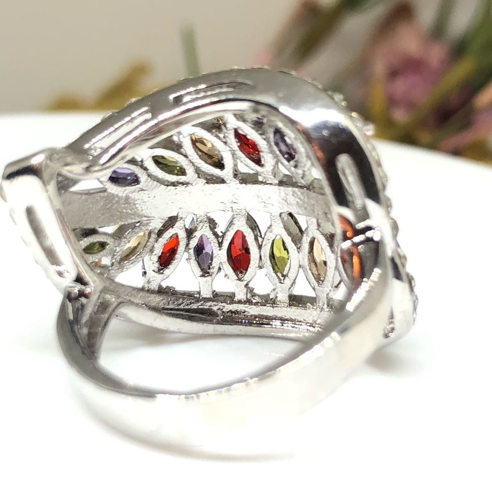 Silver Multi Colored Cz Leaf Ring - image 3